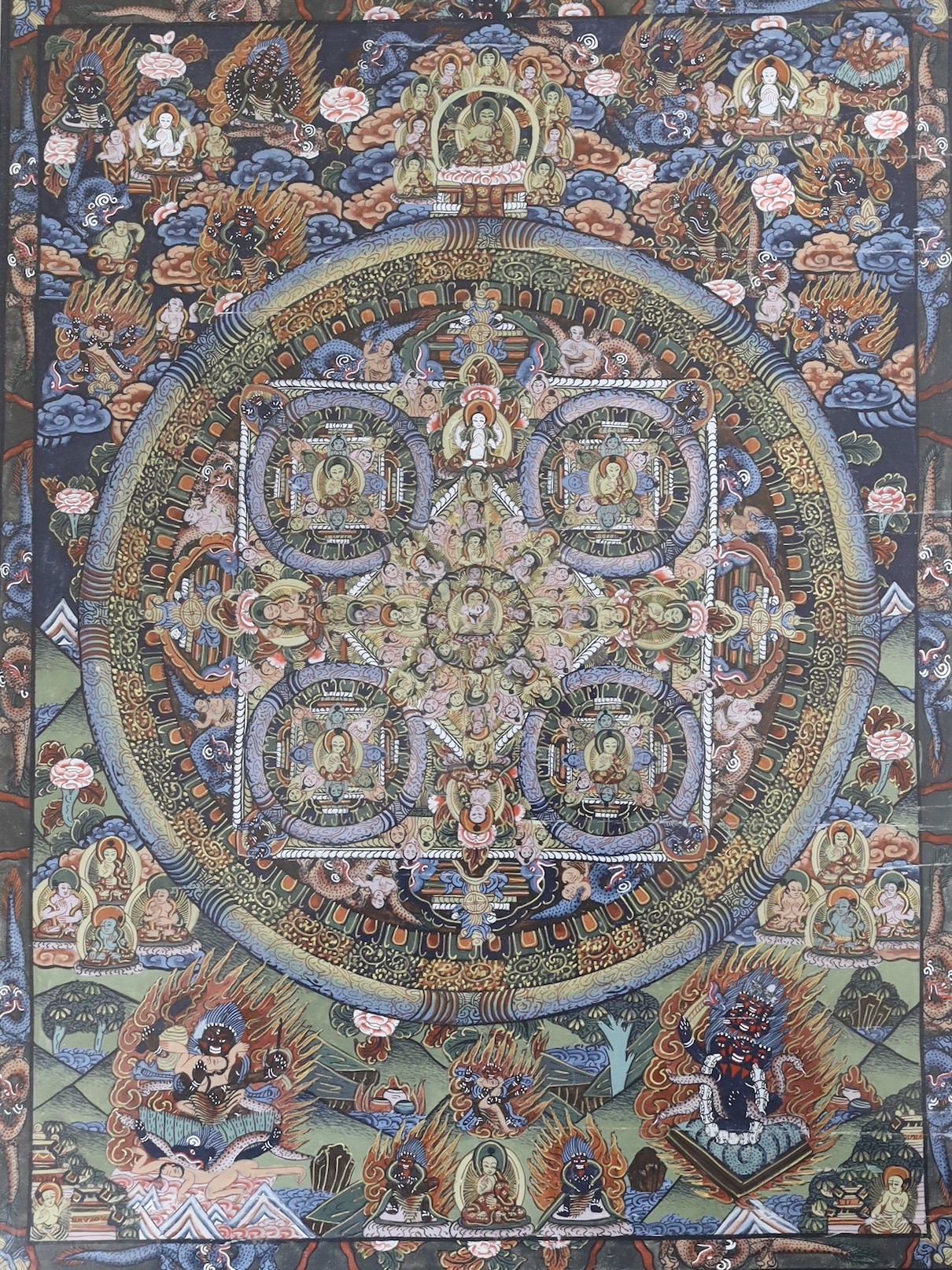 Tibetan School, two ink and gouache on fabric thangka, 42 x 34cm